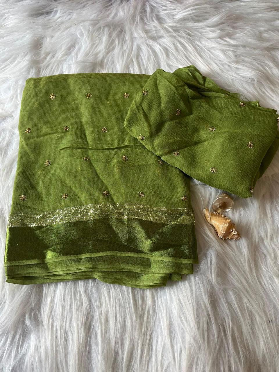 Light Green Viscose Georgette Sequins Saree with Satin Border & Contrast Blouse – Partywear Collection