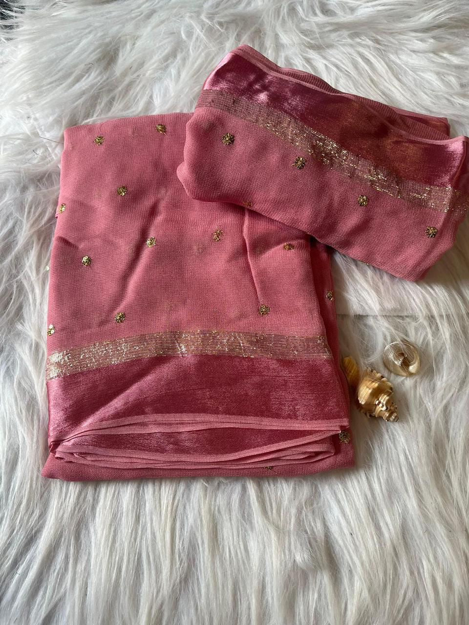 Pink Viscose Georgette Sequins Saree with Satin Border & Contrast Blouse – Partywear Collection