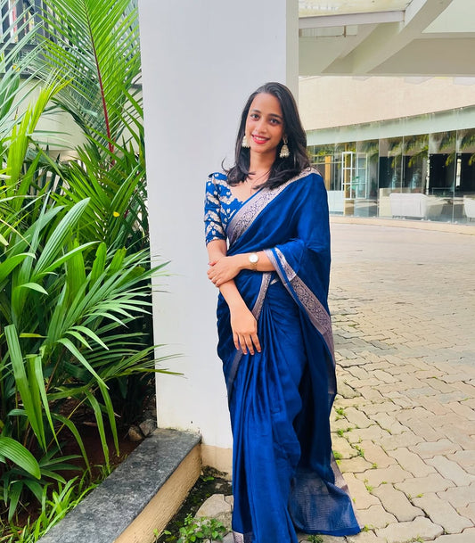 Blue Viscose Chinon Saree with Dola Banarasi Silk Blouse – Festive & Wedding Wear