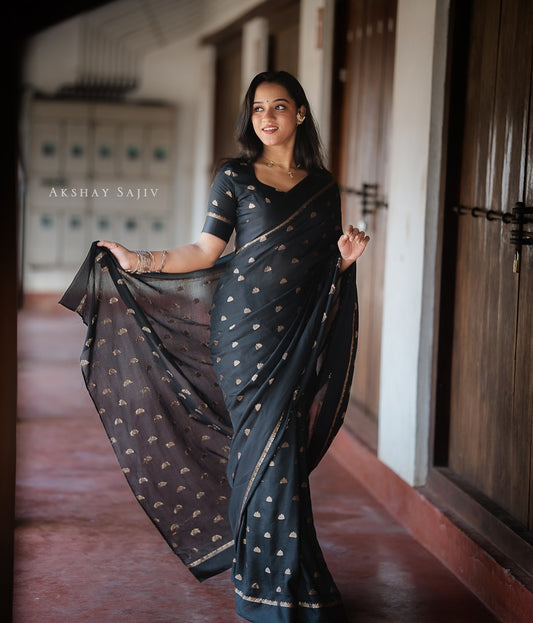 Black Jute Viscose Saree with Running Blouse – Back in Stock Partywear
