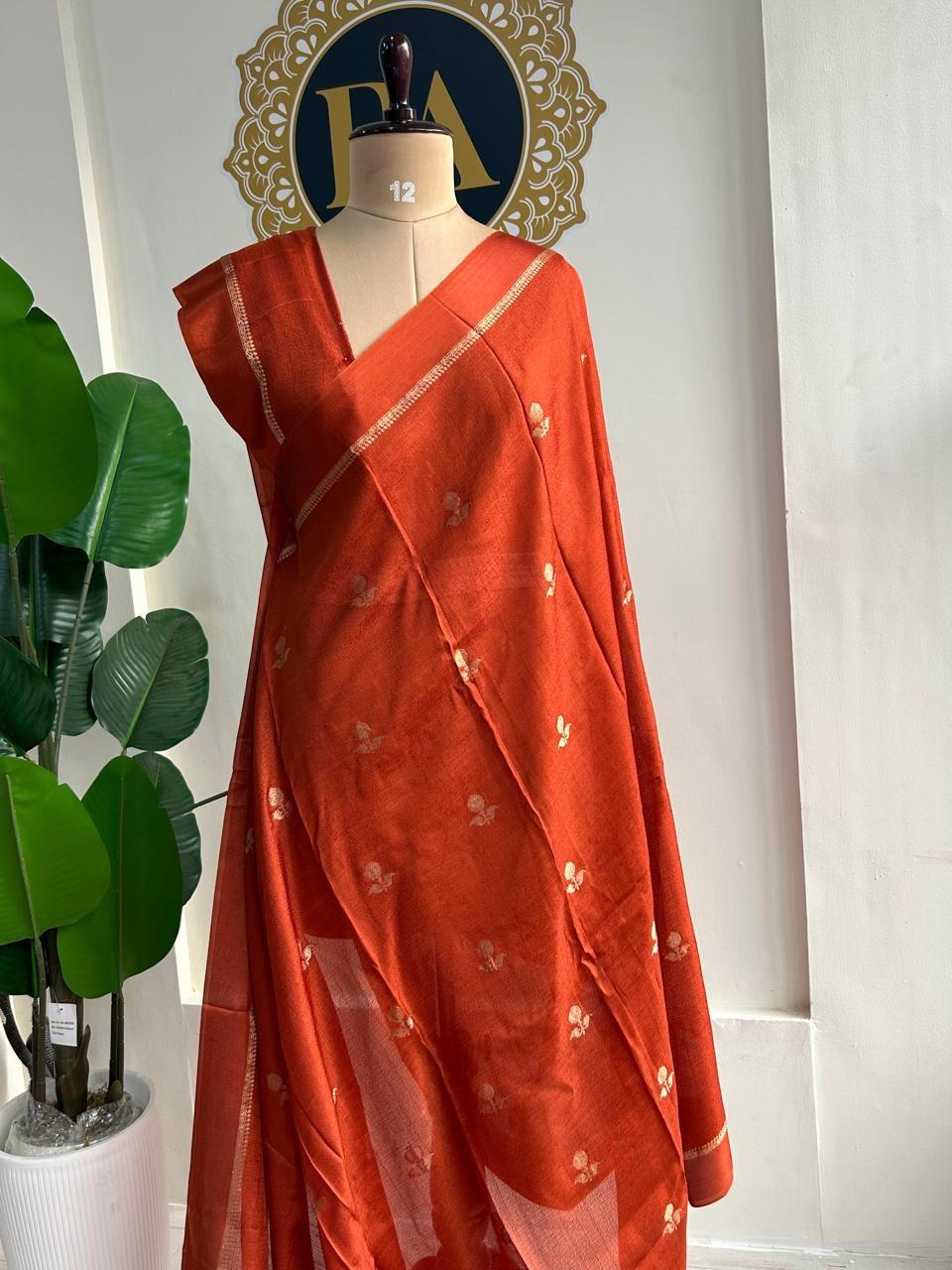 Fiery Orange Soft Viscose Khadi Silk Partywear Saree with Satin Border & Jacquard Design