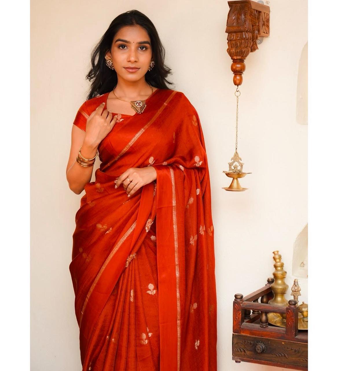 Fiery Orange Soft Viscose Khadi Silk Partywear Saree with Satin Border & Jacquard Design