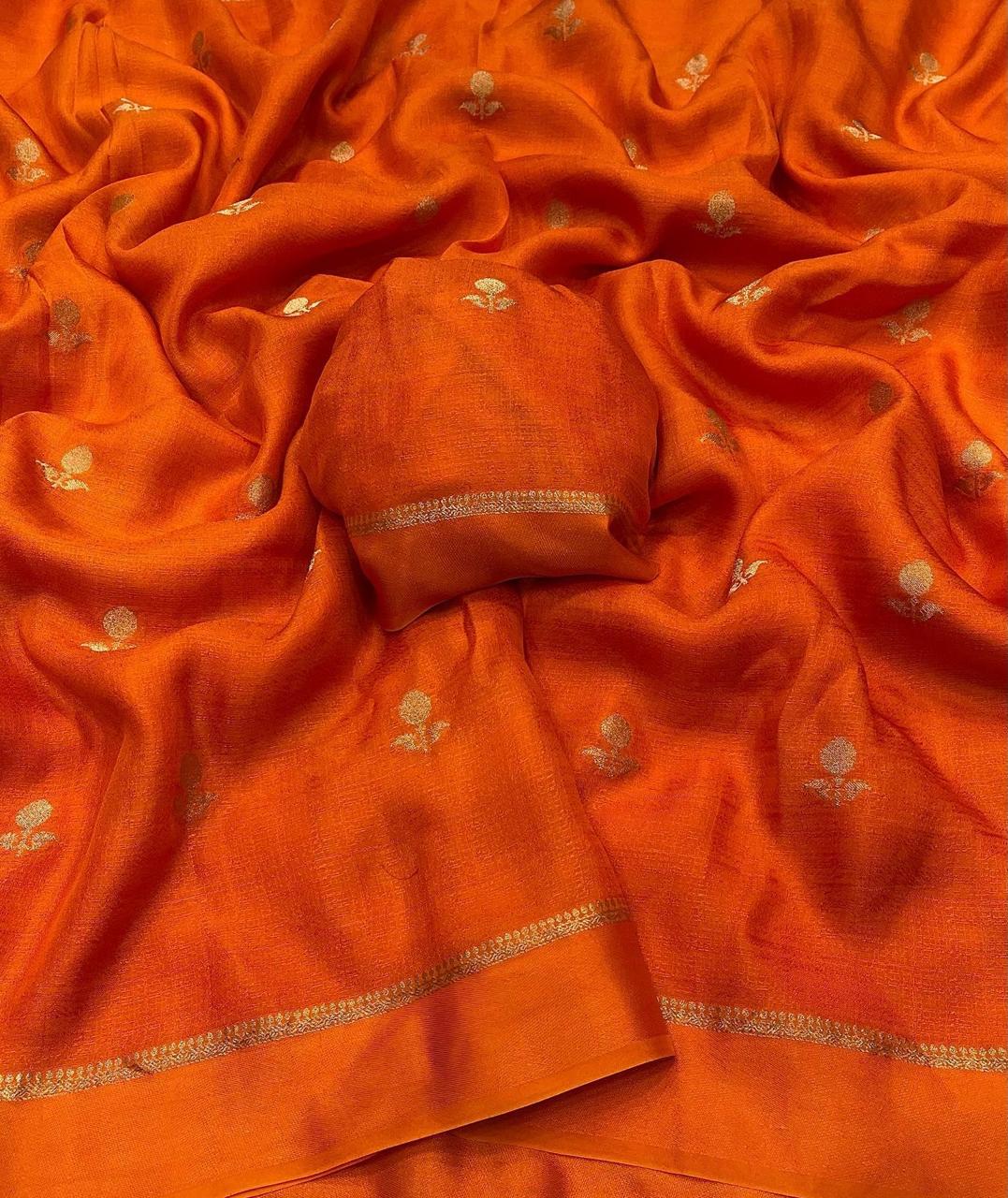 Fiery Orange Soft Viscose Khadi Silk Partywear Saree with Satin Border & Jacquard Design