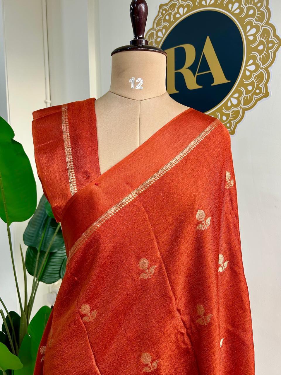 Fiery Orange Soft Viscose Khadi Silk Partywear Saree with Satin Border & Jacquard Design