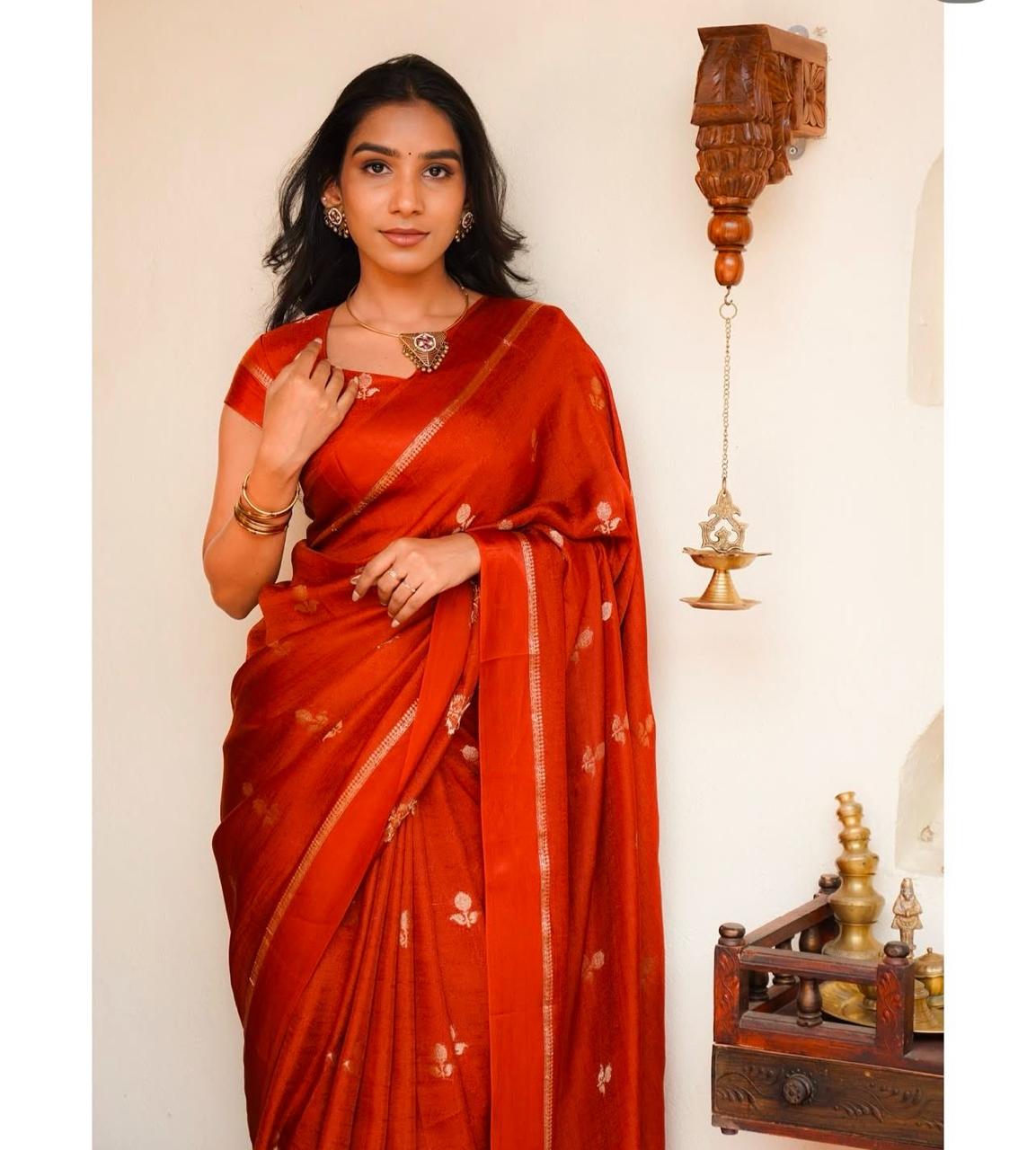 Fiery Orange Soft Viscose Khadi Silk Partywear Saree with Satin Border & Jacquard Design