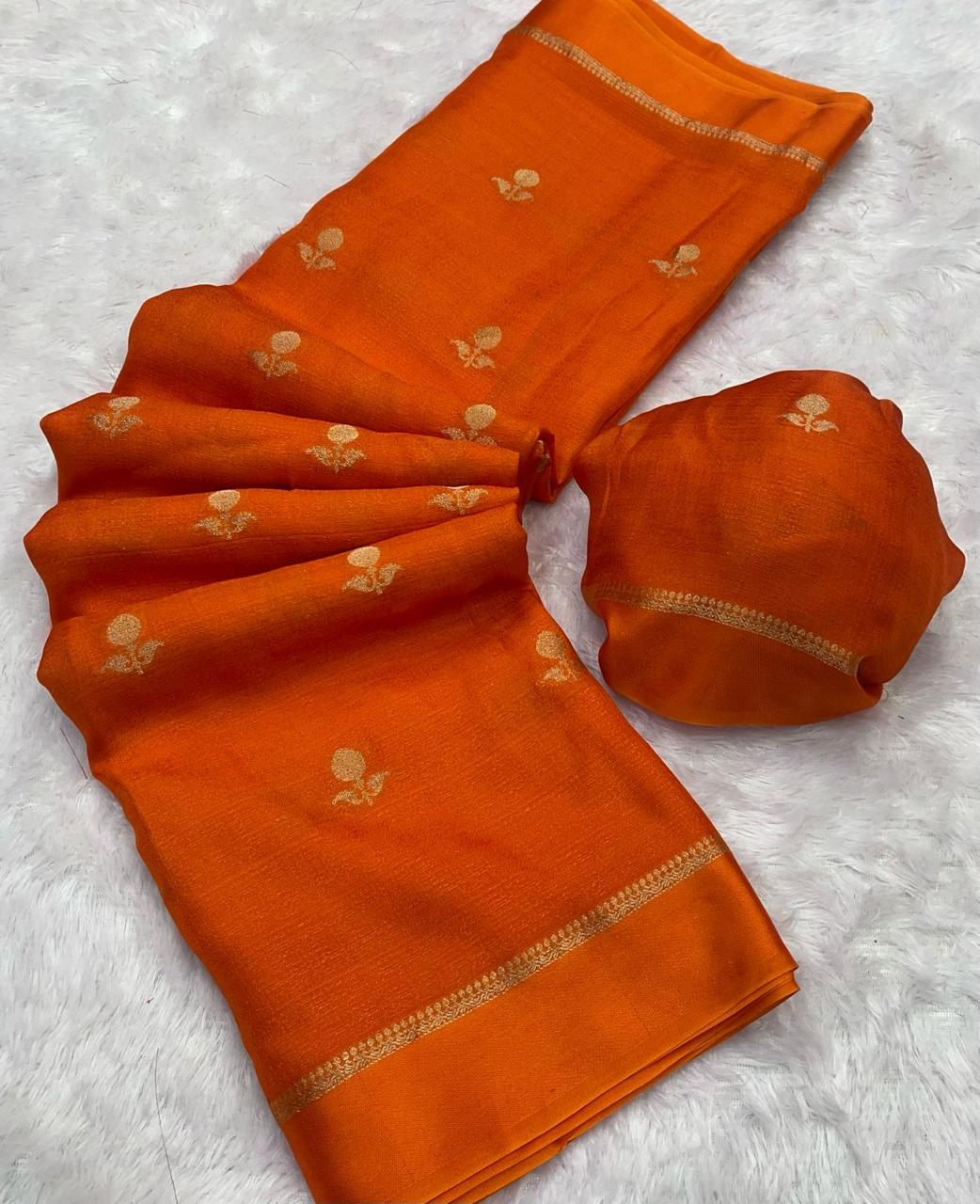 Fiery Orange Soft Viscose Khadi Silk Partywear Saree with Satin Border & Jacquard Design