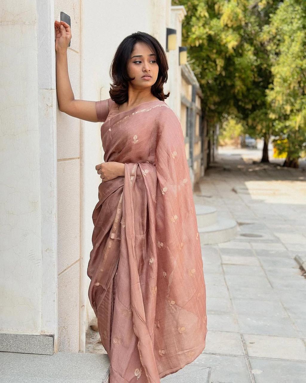 Cream Soft Viscose Khadi Silk Partywear Saree with Satin Border & Jacquard Design