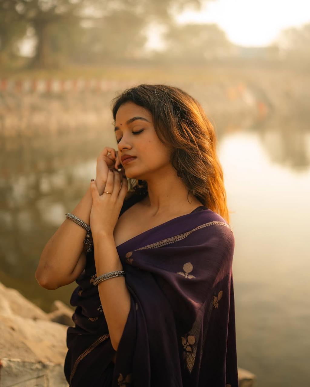 Violet Soft Viscose Khadi Silk Partywear Saree with Satin Border & Jacquard Design