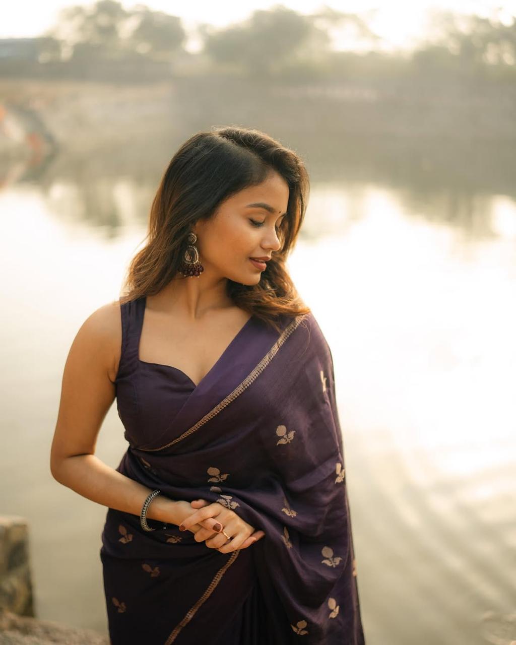 Violet Soft Viscose Khadi Silk Partywear Saree with Satin Border & Jacquard Design
