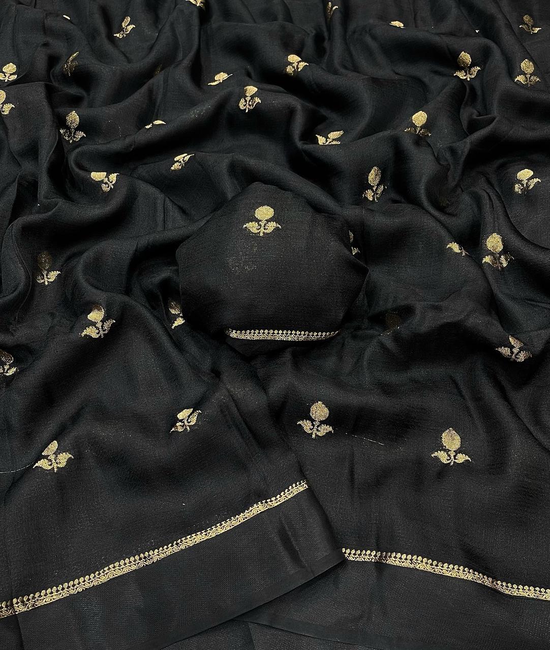 Black Soft Viscose Khadi Silk Partywear Saree with Satin Border & Jacquard Design