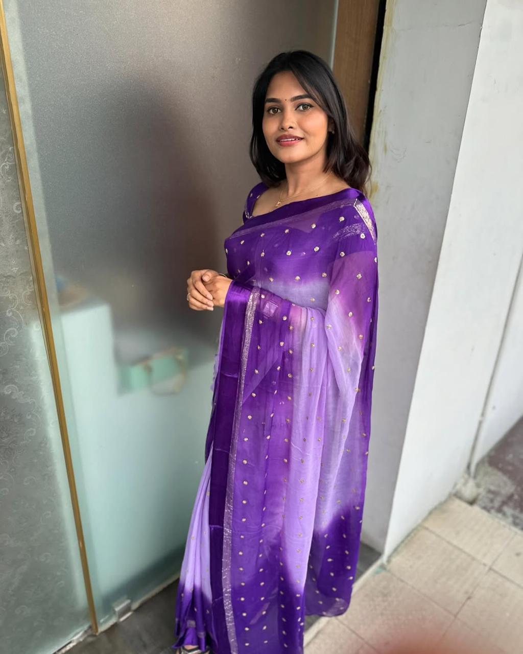 VIOLET DUAL SHADE Viscose Georgette Sequins Saree with Satin Border & Contrast Blouse – Partywear