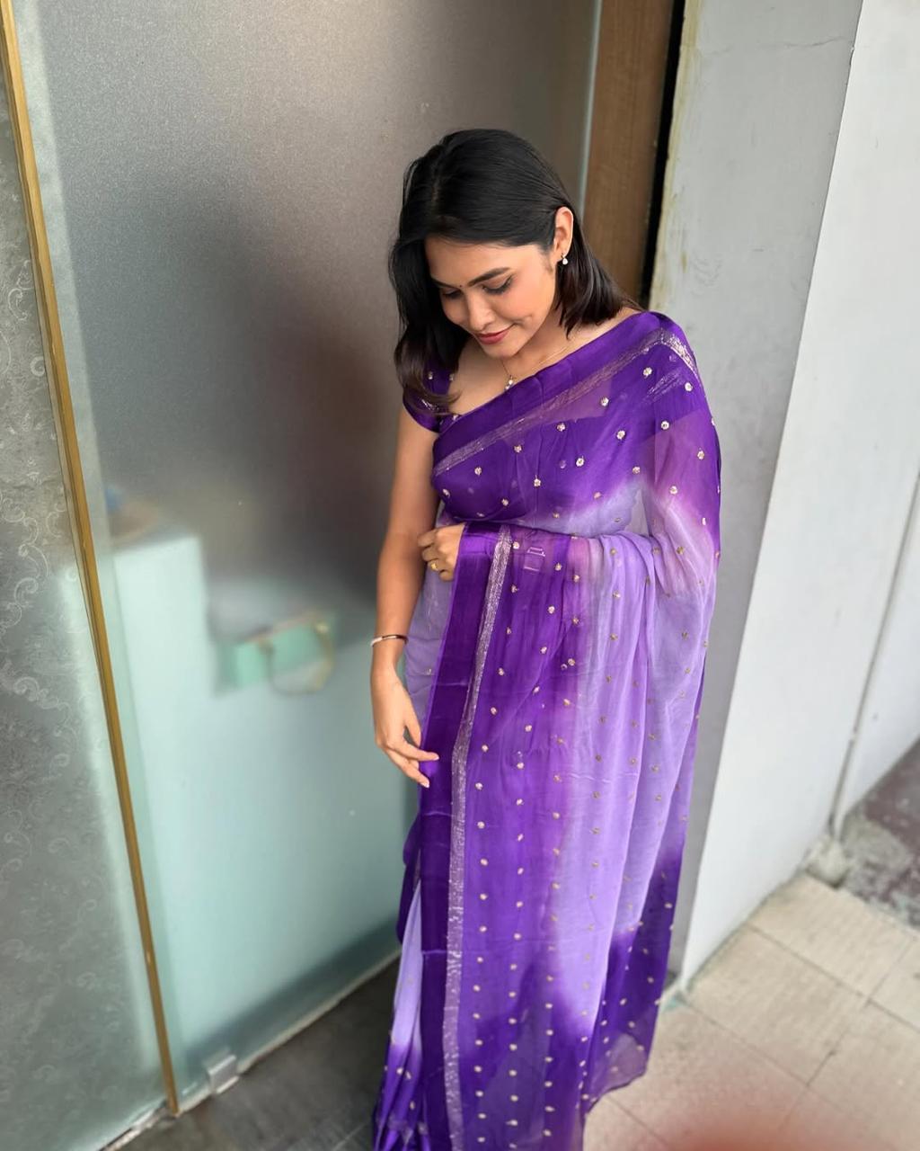 VIOLET DUAL SHADE Viscose Georgette Sequins Saree with Satin Border & Contrast Blouse – Partywear