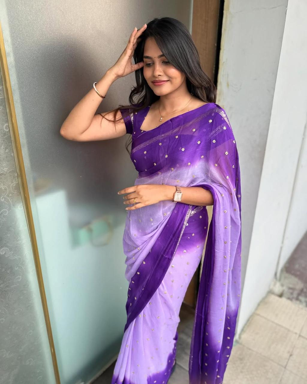VIOLET DUAL SHADE Viscose Georgette Sequins Saree with Satin Border & Contrast Blouse – Partywear