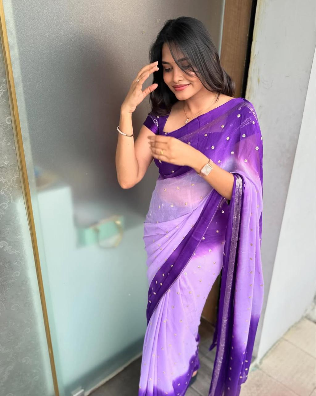 VIOLET DUAL SHADE Viscose Georgette Sequins Saree with Satin Border & Contrast Blouse – Partywear
