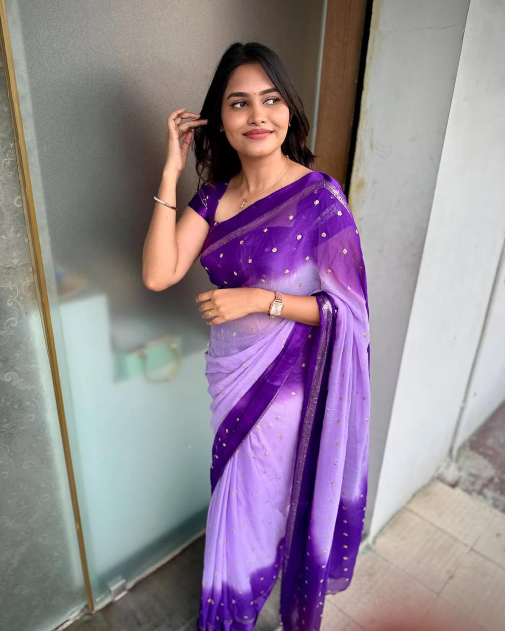 VIOLET DUAL SHADE Viscose Georgette Sequins Saree with Satin Border & Contrast Blouse – Partywear