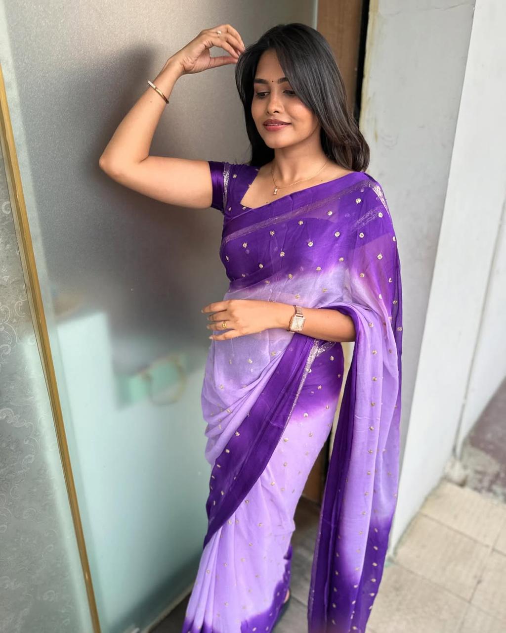 VIOLET DUAL SHADE Viscose Georgette Sequins Saree with Satin Border & Contrast Blouse – Partywear
