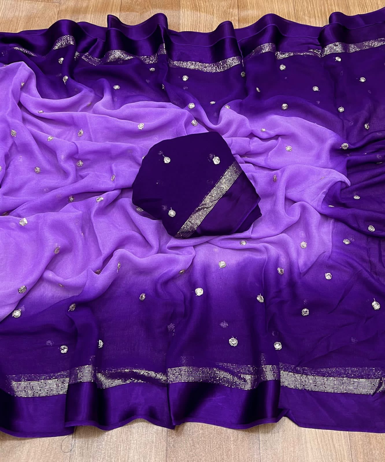 VIOLET DUAL SHADE Viscose Georgette Sequins Saree with Satin Border & Contrast Blouse – Partywear