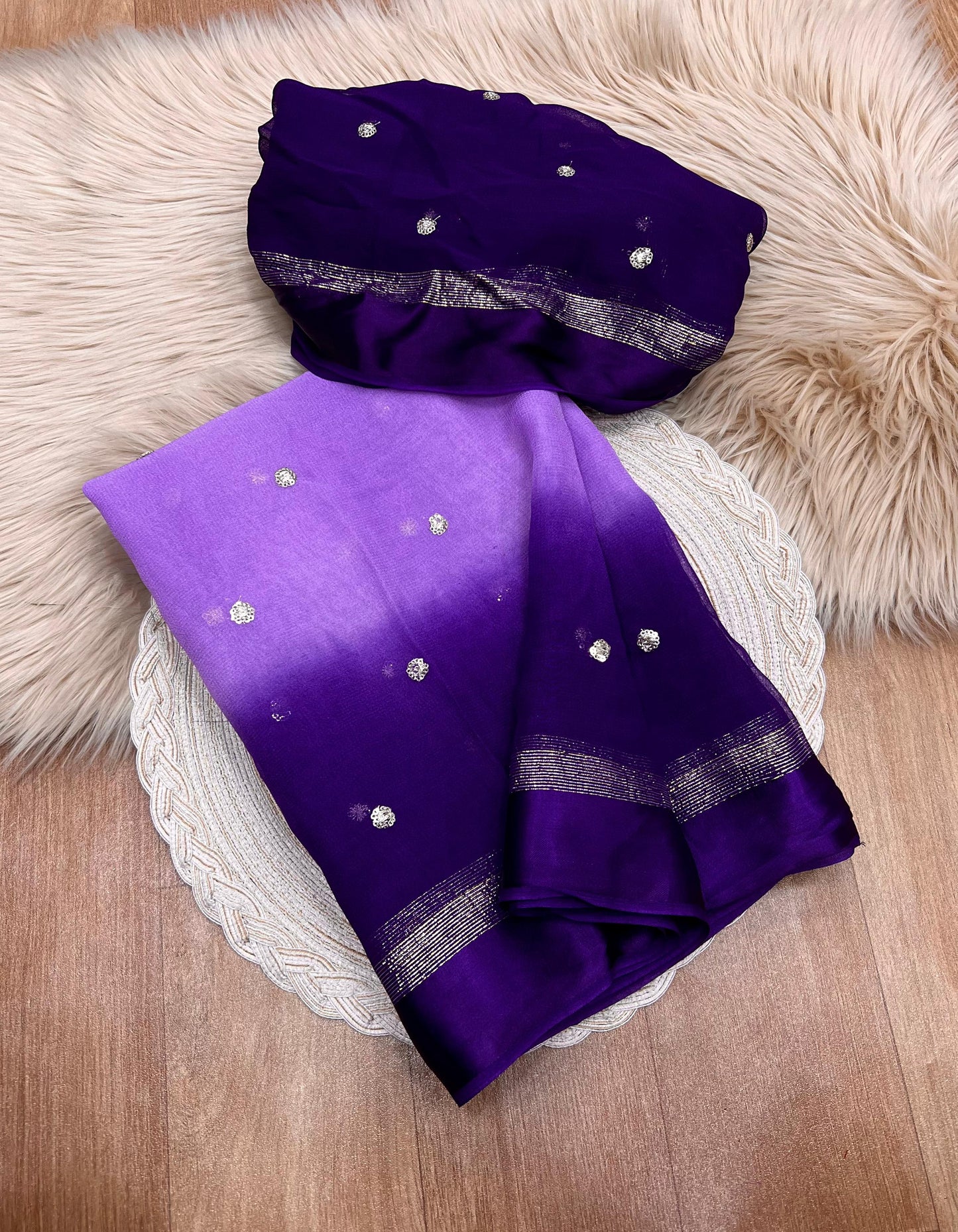 VIOLET DUAL SHADE Viscose Georgette Sequins Saree with Satin Border & Contrast Blouse – Partywear