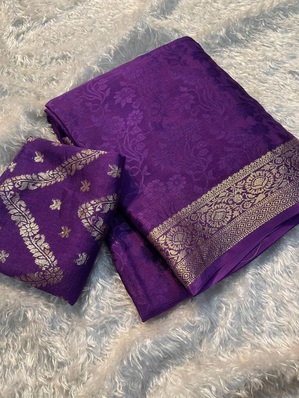 Violet Viscose Chinon Saree with Dola Banarasi Silk Blouse – Festive & Wedding Wear