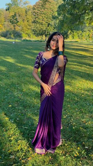 Violet Viscose Chinon Saree with Dola Banarasi Silk Blouse – Festive & Wedding Wear
