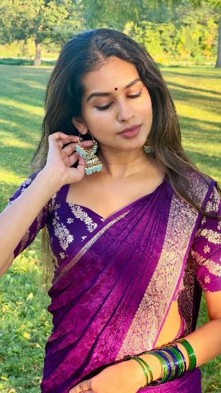 Violet Viscose Chinon Saree with Dola Banarasi Silk Blouse – Festive & Wedding Wear
