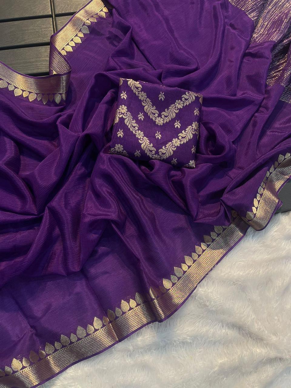 Violet Viscose Chinon Saree with Dola Banarasi Silk Blouse – Festive & Wedding Wear