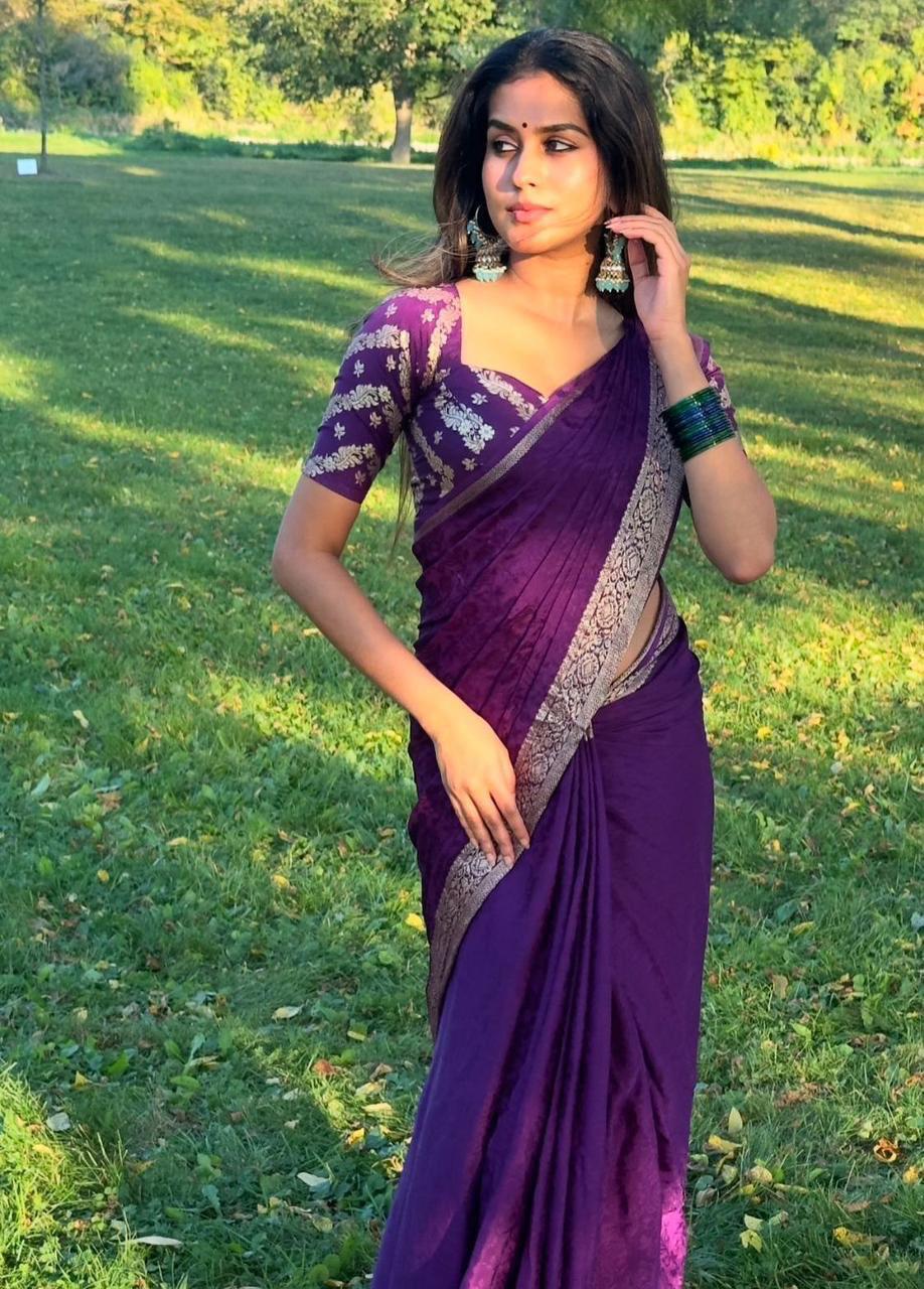 Violet Viscose Chinon Saree with Dola Banarasi Silk Blouse – Festive & Wedding Wear