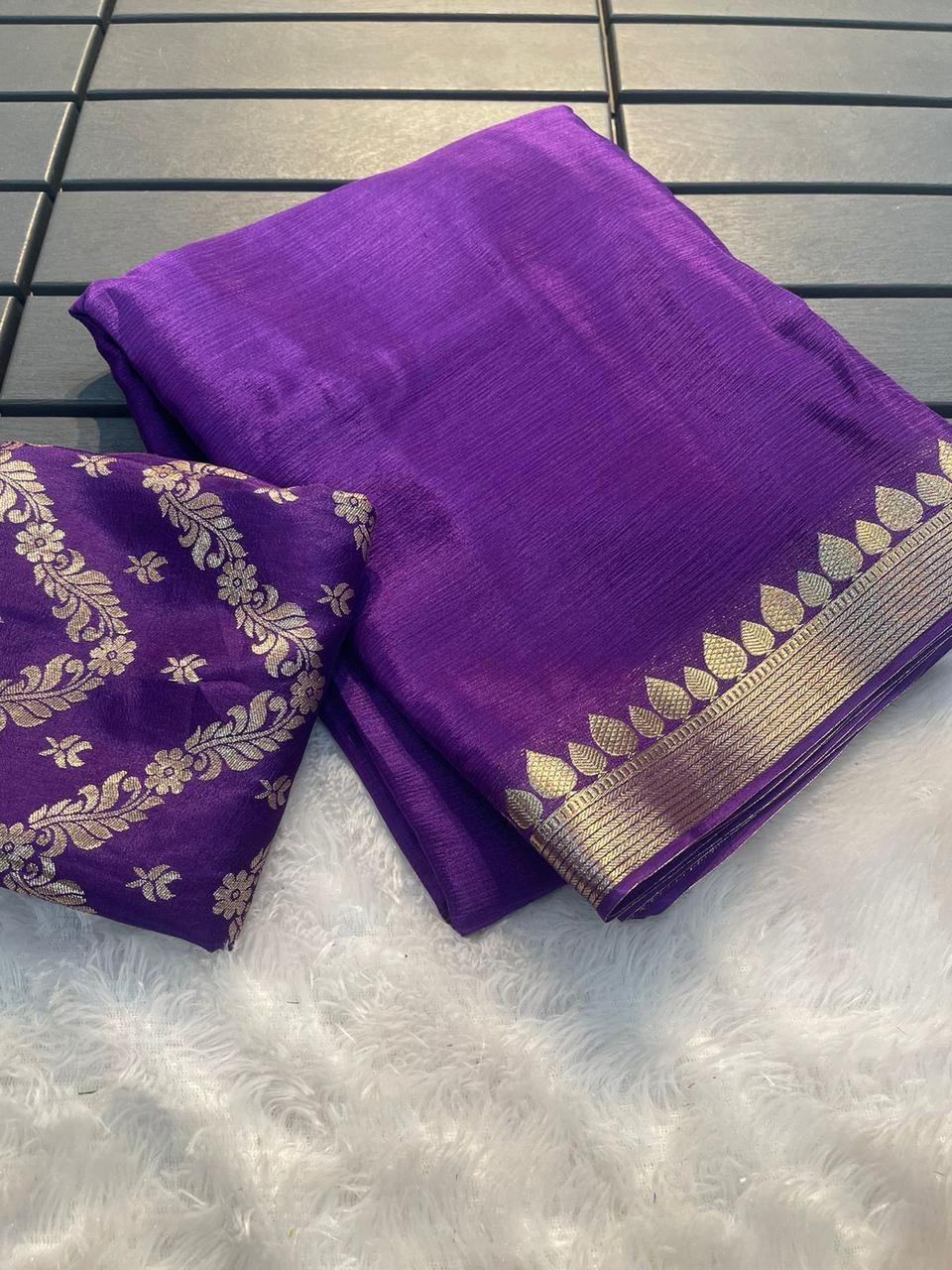 Violet Viscose Chinon Saree with Dola Banarasi Silk Blouse – Festive & Wedding Wear