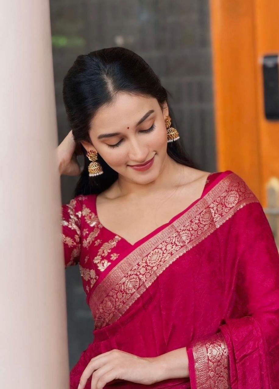 Red Viscose Chinon Saree with Dola Banarasi Silk Blouse – Festive & Wedding Wear