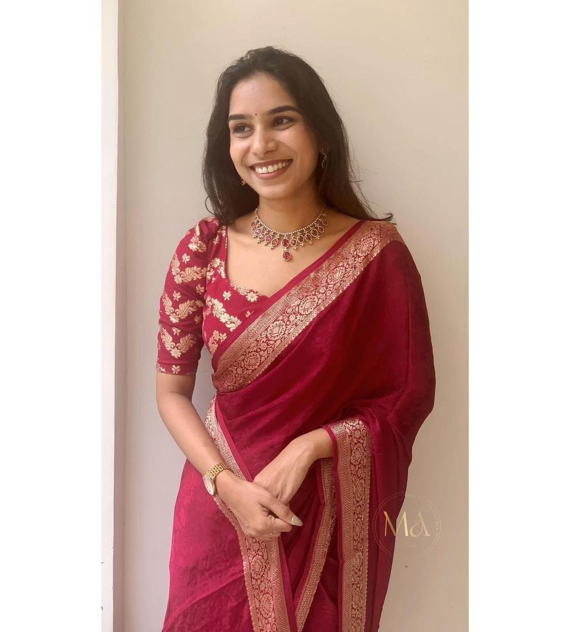 Red Viscose Chinon Saree with Dola Banarasi Silk Blouse – Festive & Wedding Wear
