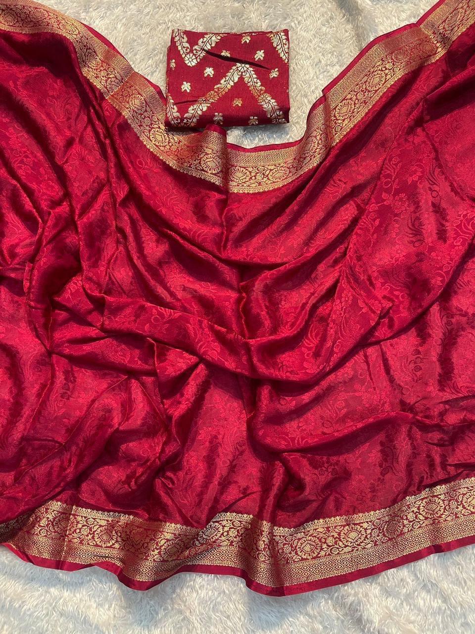Red Viscose Chinon Saree with Dola Banarasi Silk Blouse – Festive & Wedding Wear