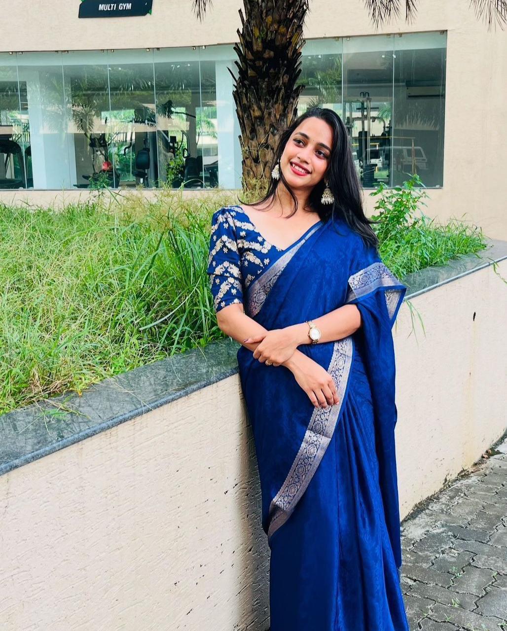 Blue Viscose Chinon Saree with Dola Banarasi Silk Blouse – Festive & Wedding Wear
