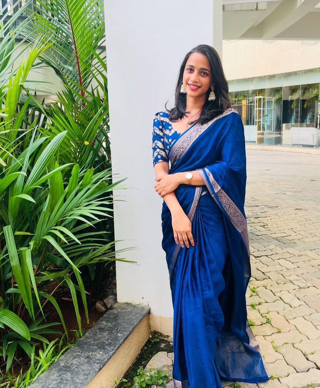 Blue Viscose Chinon Saree with Dola Banarasi Silk Blouse – Festive & Wedding Wear