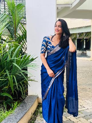 Blue Viscose Chinon Saree with Dola Banarasi Silk Blouse – Festive & Wedding Wear