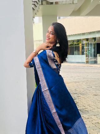 Blue Viscose Chinon Saree with Dola Banarasi Silk Blouse – Festive & Wedding Wear