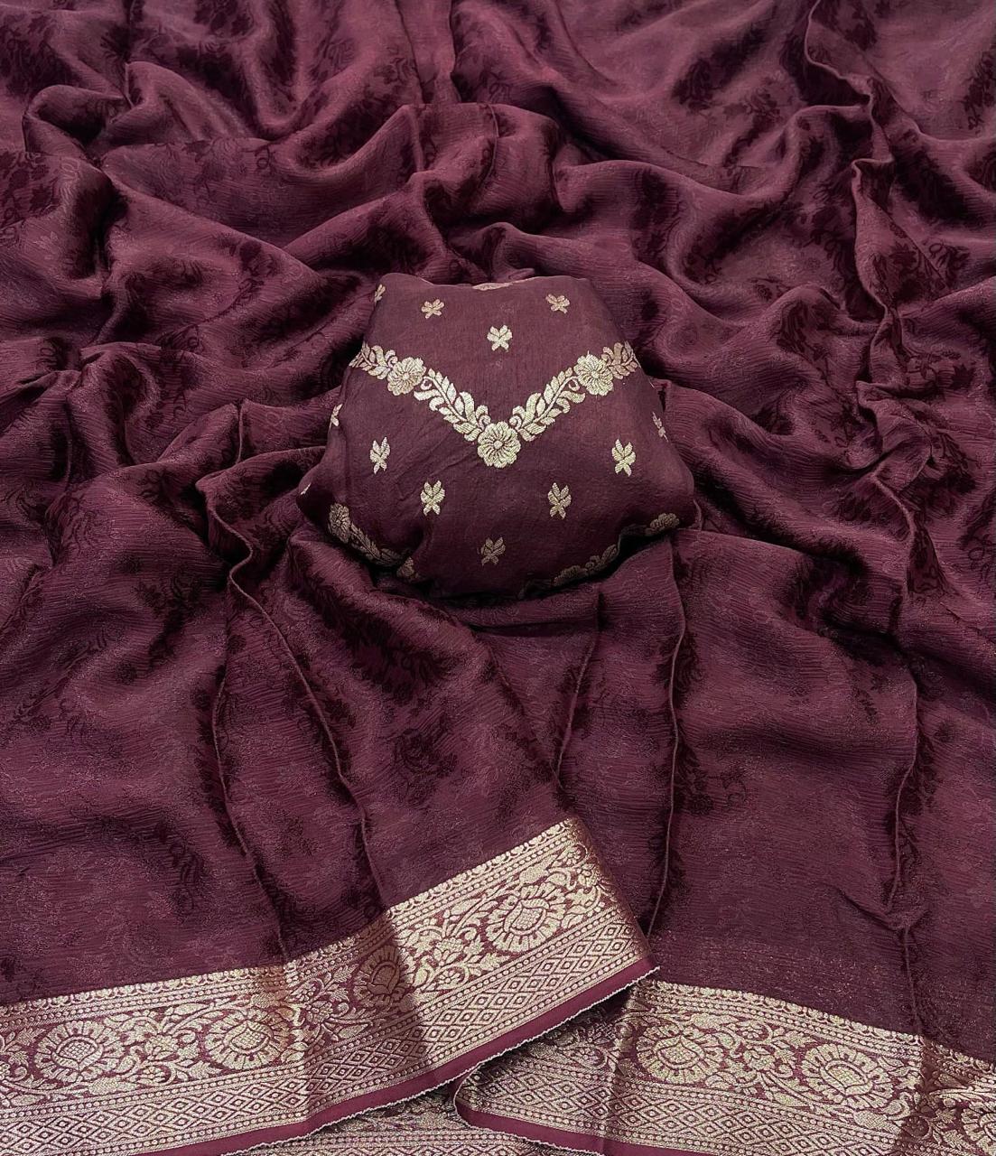 Brown Viscose Chinon Saree with Dola Banarasi Silk Blouse – Festive & Wedding Wear