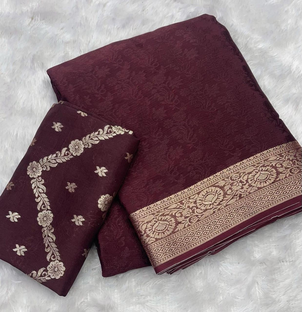 Brown Viscose Chinon Saree with Dola Banarasi Silk Blouse – Festive & Wedding Wear