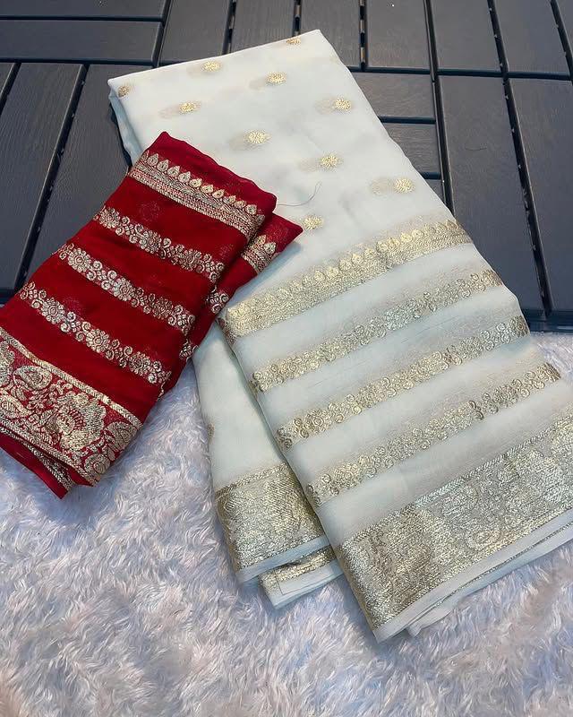 White Viscose Georgette Saree with Running Blouse – Elegant Partywear Collection