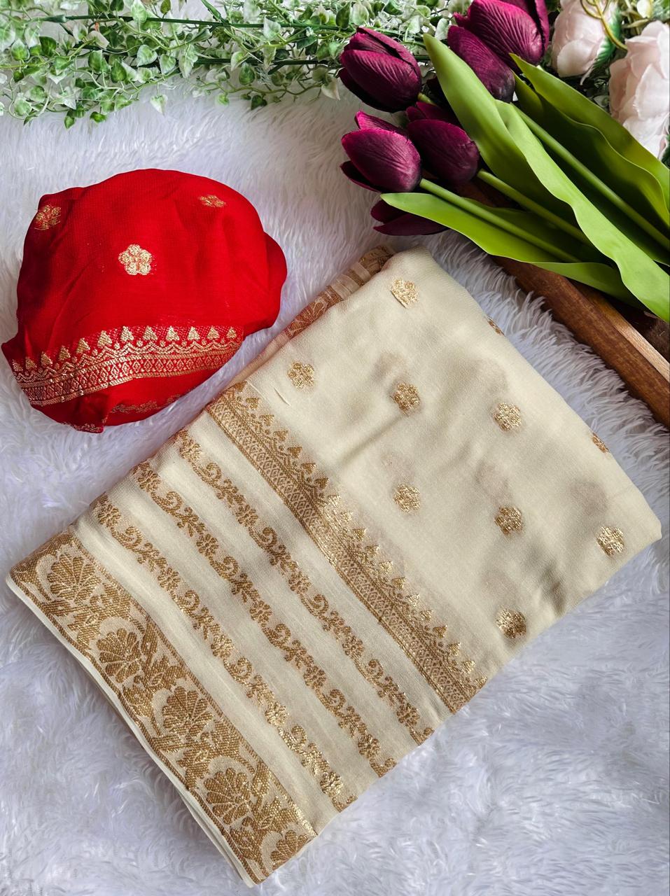 White Viscose Georgette Saree with Running Blouse – Elegant Partywear Collection