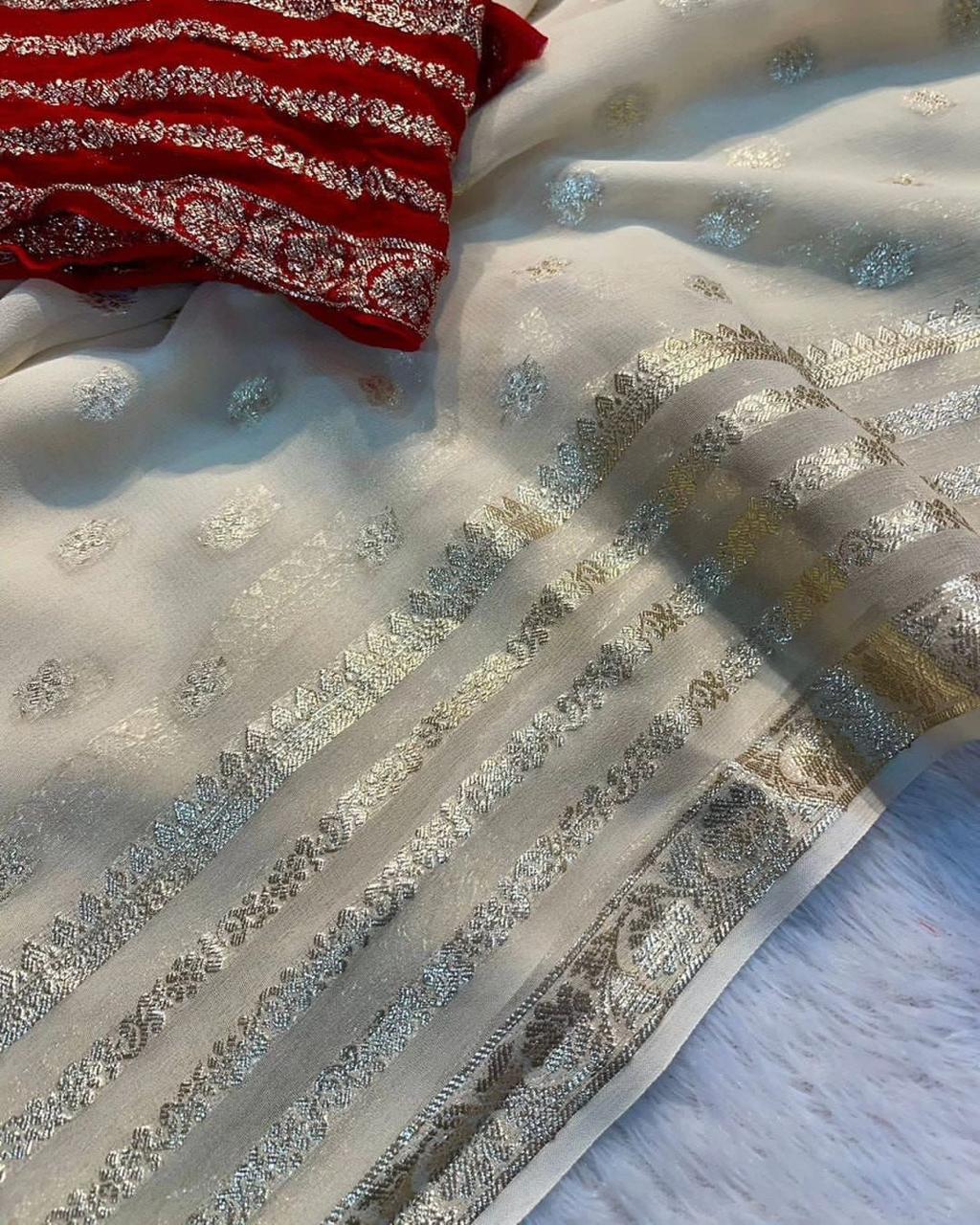 White Viscose Georgette Saree with Running Blouse – Elegant Partywear Collection