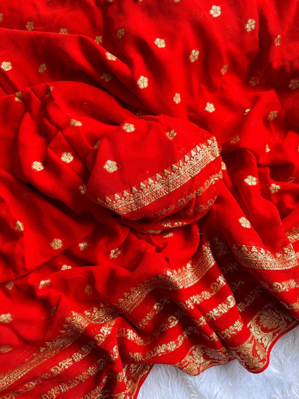 Bright Red Viscose Georgette Saree with Running Blouse – Elegant Partywear Collection