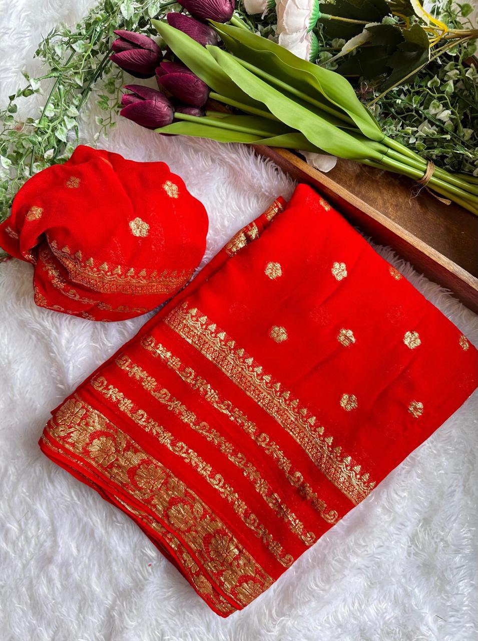 Bright Red Viscose Georgette Saree with Running Blouse – Elegant Partywear Collection
