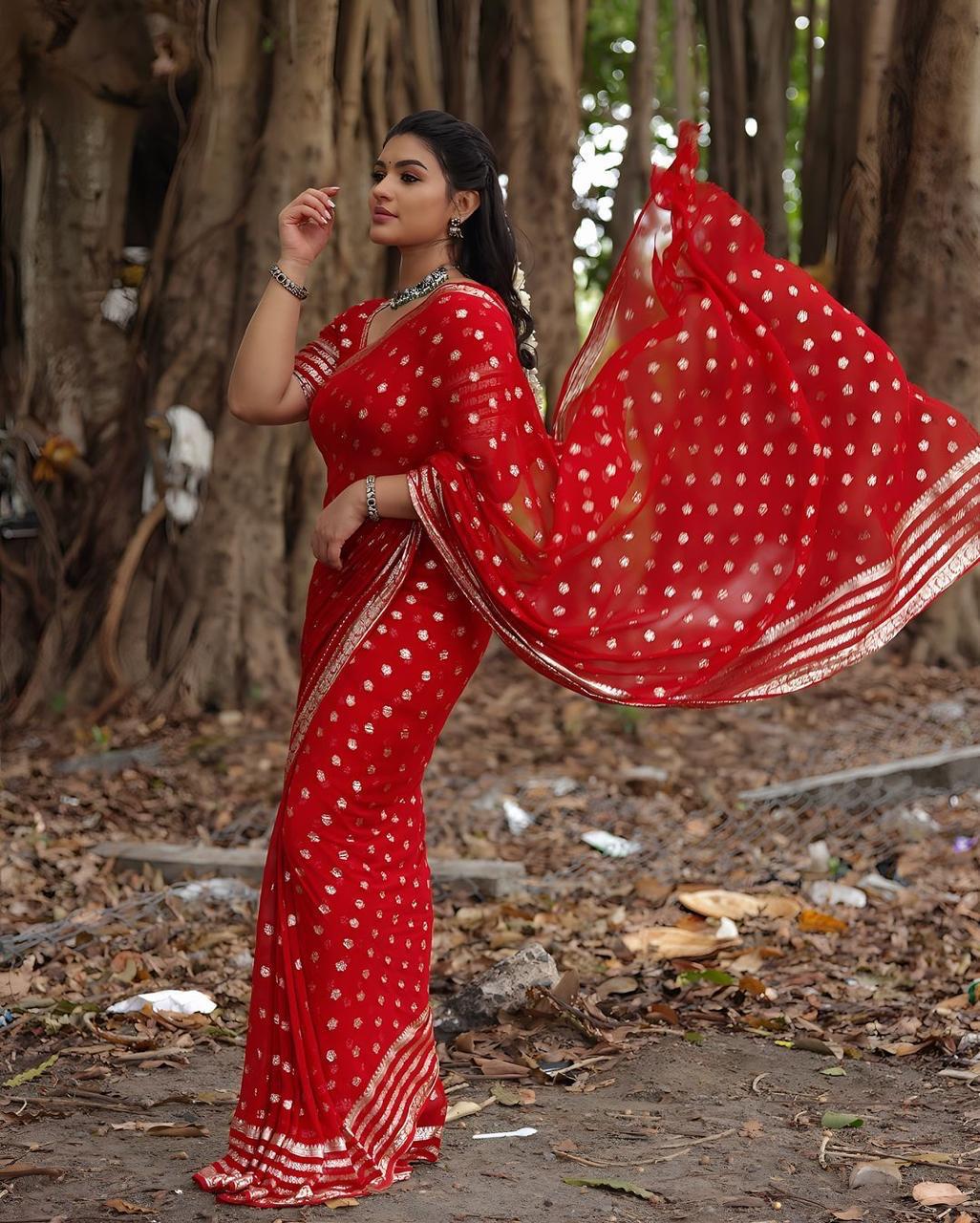 Bright Red Viscose Georgette Saree with Running Blouse – Elegant Partywear Collection