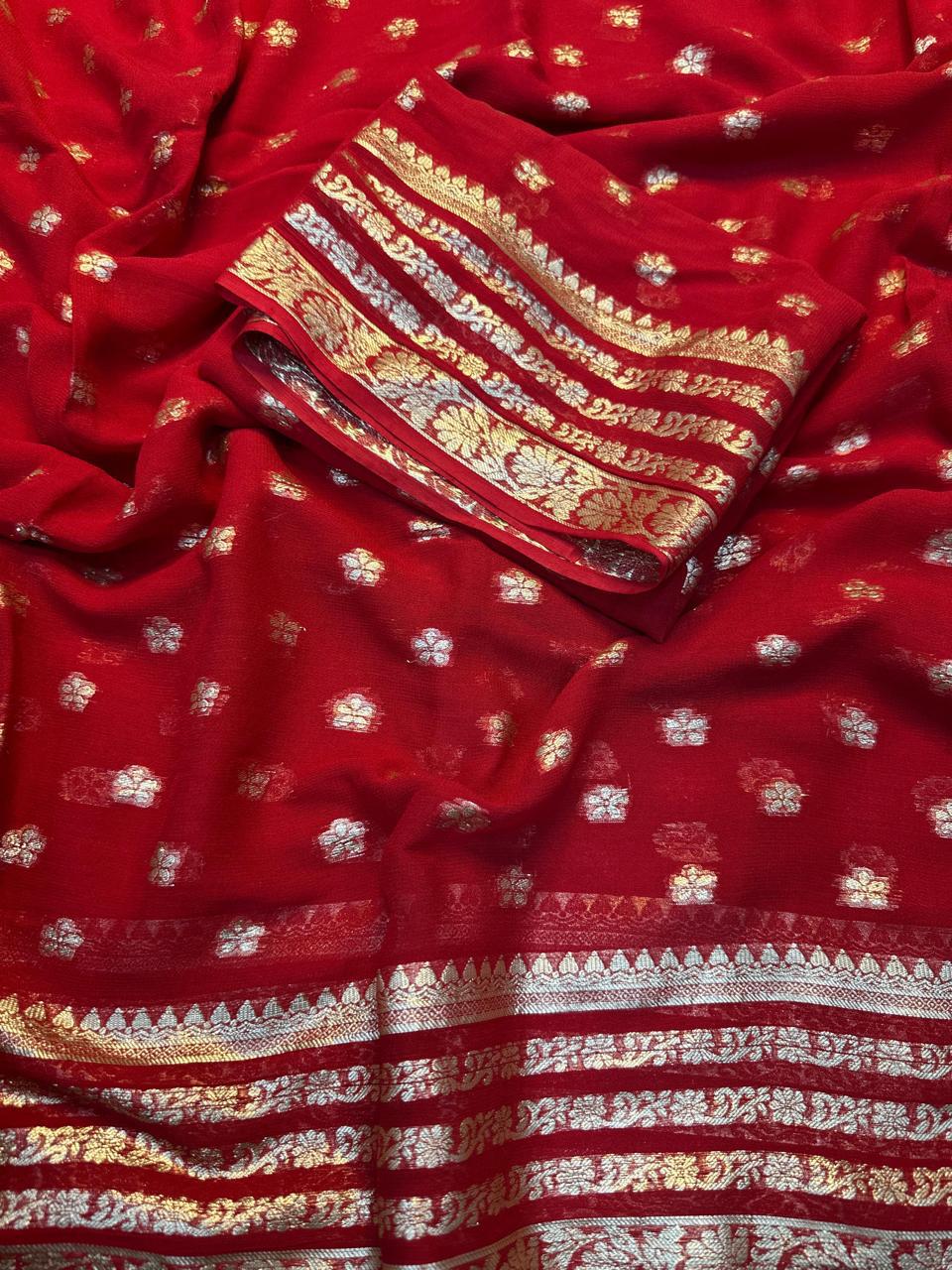 Bright Red Viscose Georgette Saree with Running Blouse – Elegant Partywear Collection