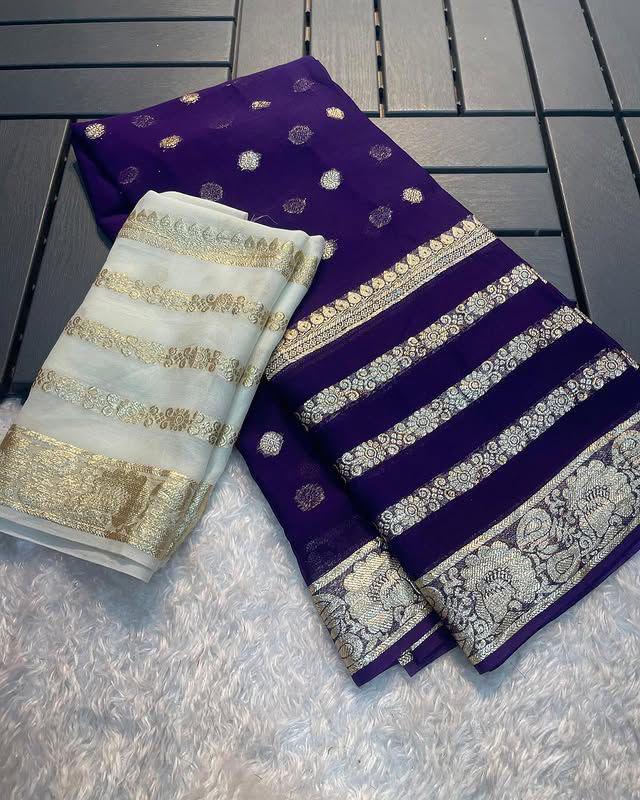 Violet Viscose Georgette Saree with white Running Blouse – Elegant Partywear Collection