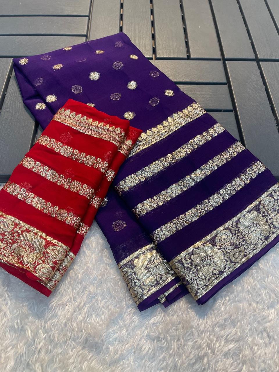 Violet Viscose Georgette Saree with Red Running Blouse – Elegant Partywear Collection