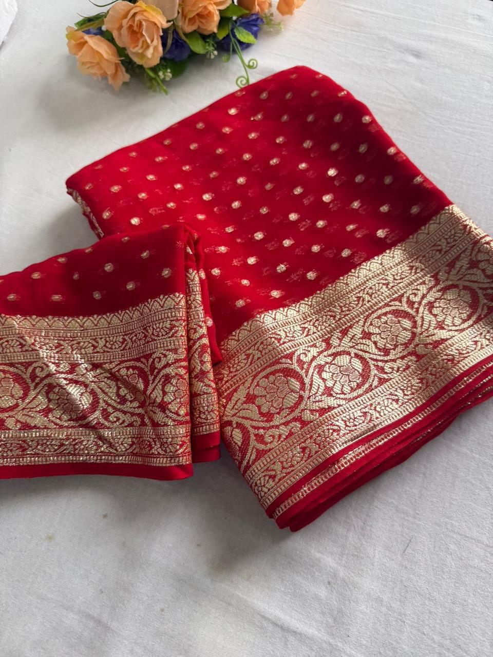 Red Viscose Georgette Saree with Running Blouse – New Partywear Collection