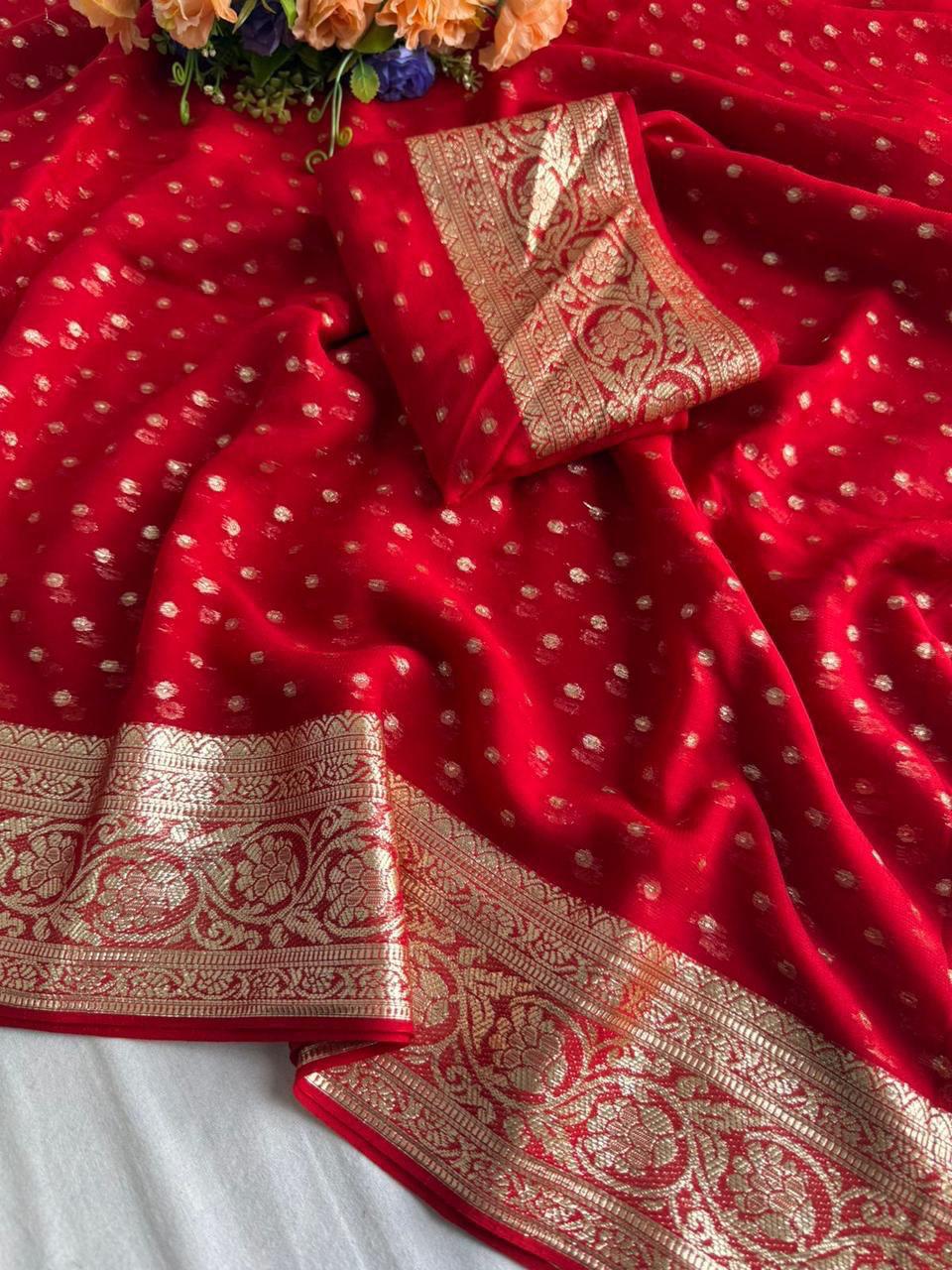 Red Viscose Georgette Saree with Running Blouse – New Partywear Collection