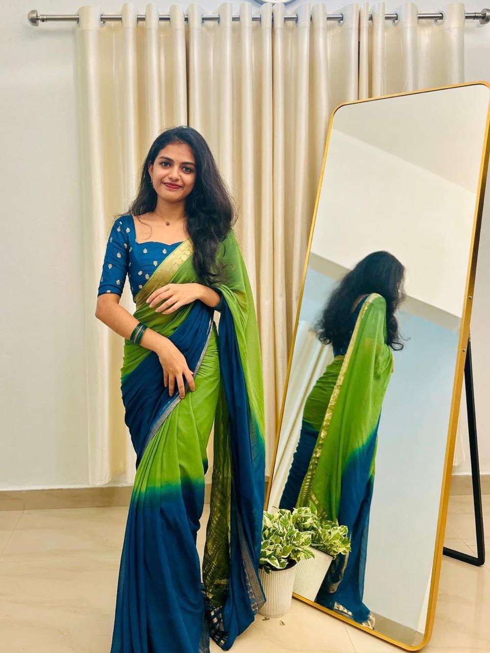 Green Viscose Georgette Shaded Saree with Contrast Blouse – Party & Festive Wear