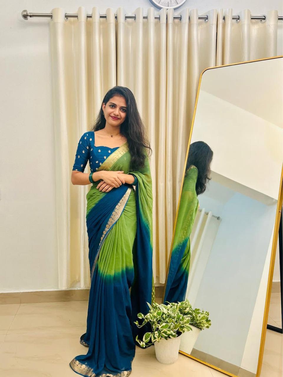 Green Viscose Georgette Shaded Saree with Contrast Blouse – Party & Festive Wear